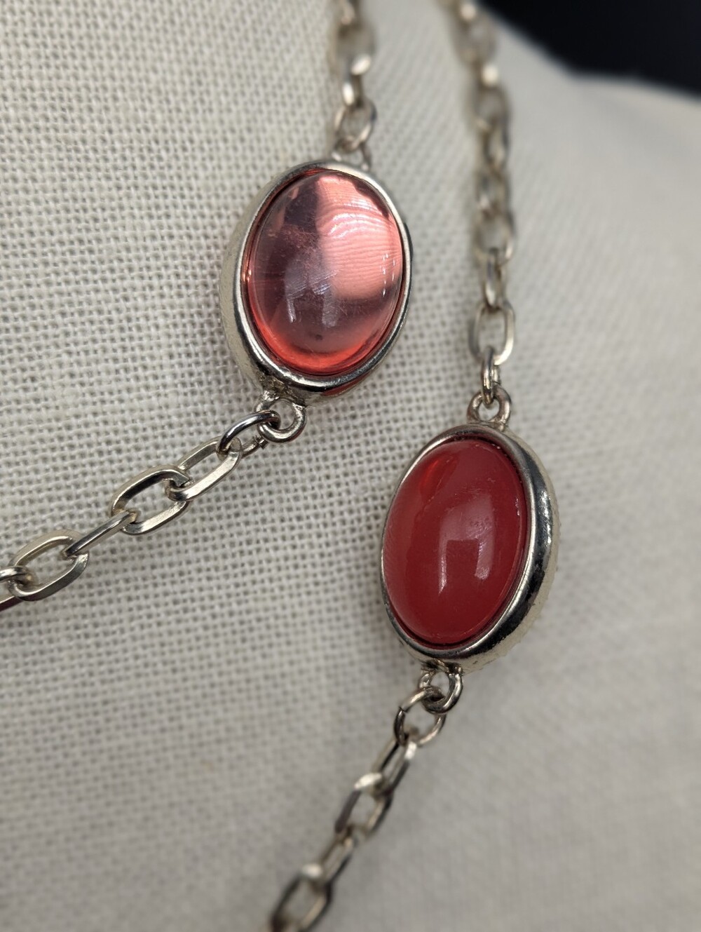Silver Tone Watermelon Glass Station Necklace – 36” Long Vintage Style - Picture 5 of 6